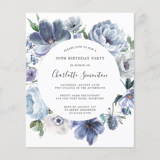 Budget Dusty Blue Floral 30e Verjaardag uitnodigin (Voorkant)