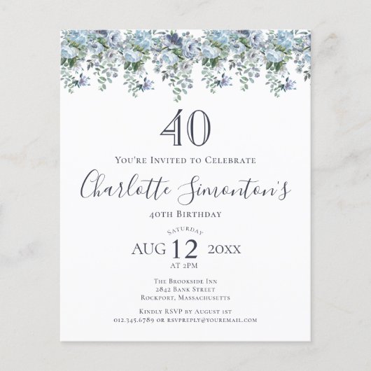 Budget Dusty Blue Floral 40e Verjaardag uitnodigin (Voorkant)