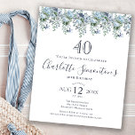 Budget Dusty Blue Floral 40e Verjaardag uitnodigin<br><div class="desc">Een stoffige blauwe pioen en wilde bloemen versieren een  verjaardagsuitnodiging. Moderne kalligrafie voegt toe aan de Boho Vibe.</div>