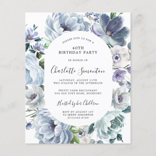 Budget Dusty Blue Floral 40e Verjaardag uitnodigin (Voorkant)