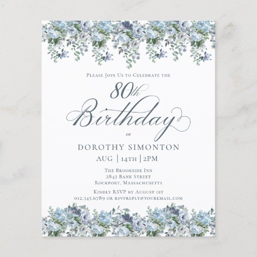 Budget Dusty Blue Floral 80e Verjaardag uitnodigin (Voorkant)