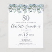 Budget Dusty Blue Floral 80e Verjaardag uitnodigin (Voorkant)