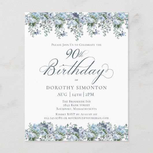 Budget Dusty Blue Floral 90e Verjaardag uitnodigin (Voorkant)