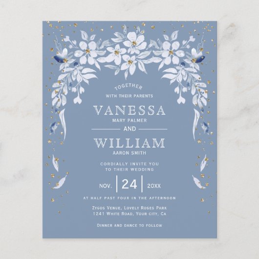 BUDGET dusty blue floral bruiloft uitnodiging (Voorkant)