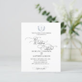 Budget Dusty Blue Floral Crest Monogram Bruiloft (Staand voorkant)