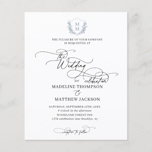 Budget Dusty Blue Floral Crest Monogram Bruiloft (Voorkant)