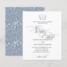 Budget Dusty Blue Floral Crest Monogram Bruiloft