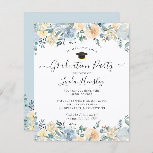 Budget Dusty Blue Floral Graduation Party nodigt u (Voorkant / Achterkant)