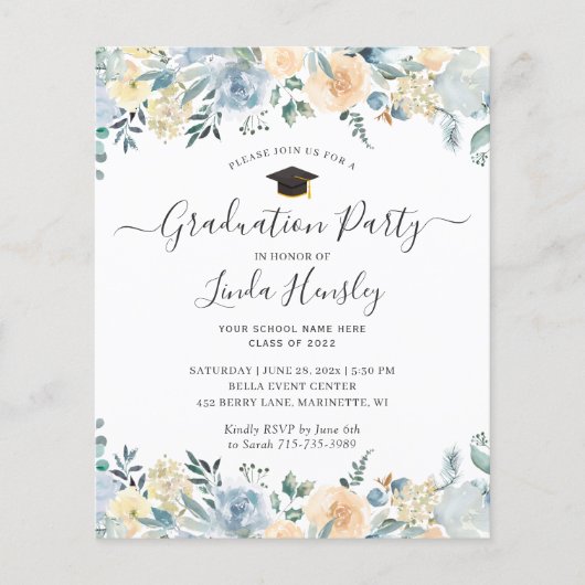 Budget Dusty Blue Floral Graduation Party nodigt u (Voorkant)