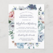 Budget Dusty Blue Floral Quinceanera Uitnodiging (Voorkant)