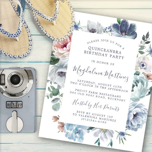 Budget Dusty Blue Floral Quinceanera Uitnodiging