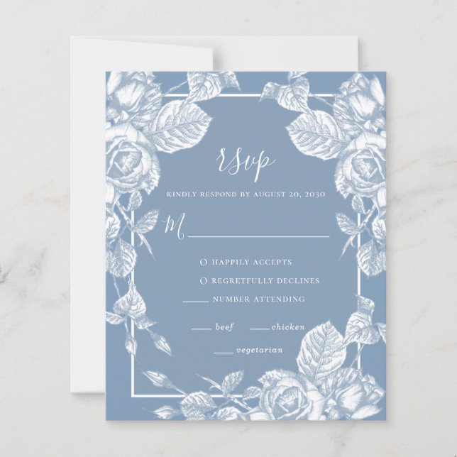 Budget Dusty Blue Floral Wedding RSVP Kaart (Voorkant)