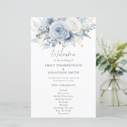Budget Dusty Blue Florals Trouwprogramma (Staand voorkant)