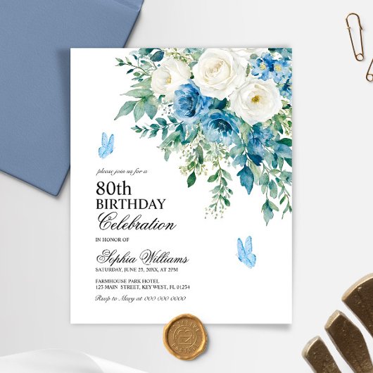 Budget Dusty Blue Flowers 80th Birthday invitation