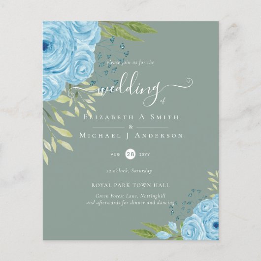 BUDGET Dusty Blue Flowers Limoen Weddenschap Flyer (Voorkant)