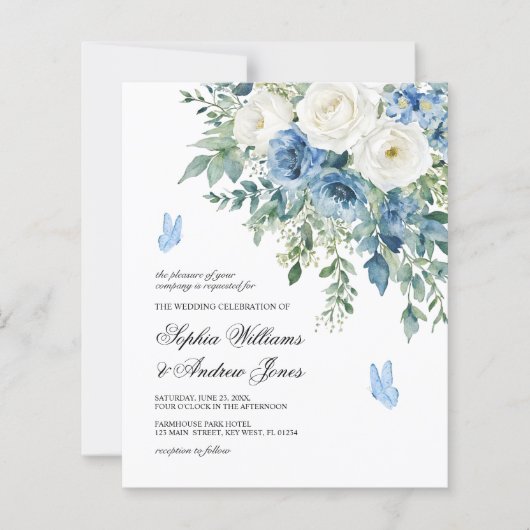 Budget Dusty Blue Flowers Wedding Invitation (Voorkant)