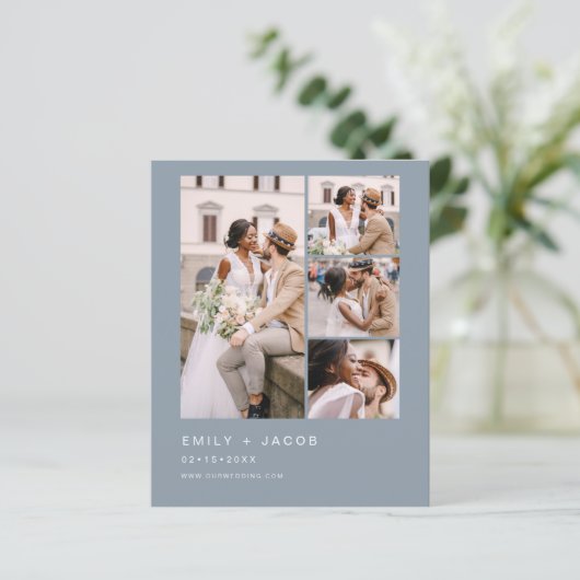 Budget Dusty Blue Foto Bruiloft uitnodiging (Staand voorkant)