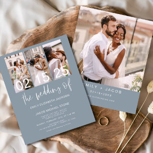 Budget Dusty Blue Foto Bruiloft uitnodiging