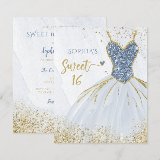 Budget Dusty Blue Gold Dress Sweet 16 Uitnodiging (Voorkant / Achterkant)
