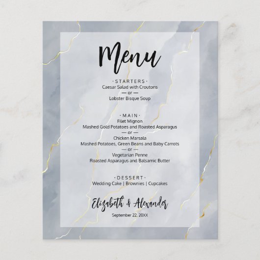 Budget Dusty Blue Gold Marble Wedding Menu (Voorkant)