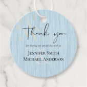 Budget Dusty Blue Gold Weddenscript Bedankjes Labels (Voorkant)