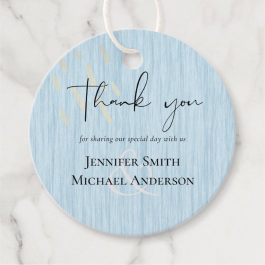 Budget Dusty Blue Gold Weddenscript Bedankjes Labels (Voorkant)