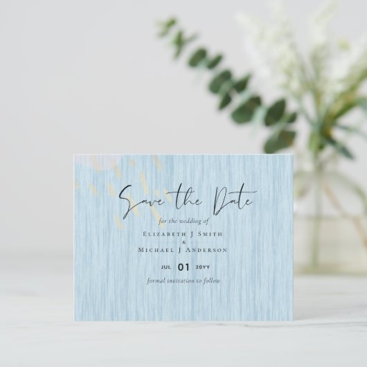 Budget Dusty Blue Gold Weddenscript Briefkaart (Staand voorkant)