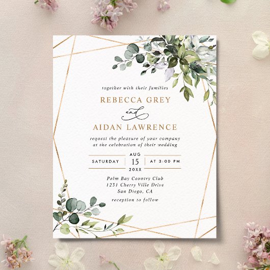 Budget Dusty Blue Greenery Gold Wedding Uitnodigin