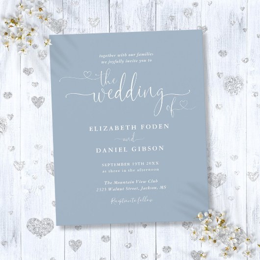 Budget Dusty Blue Hearts Script Weddenschap Uitnod