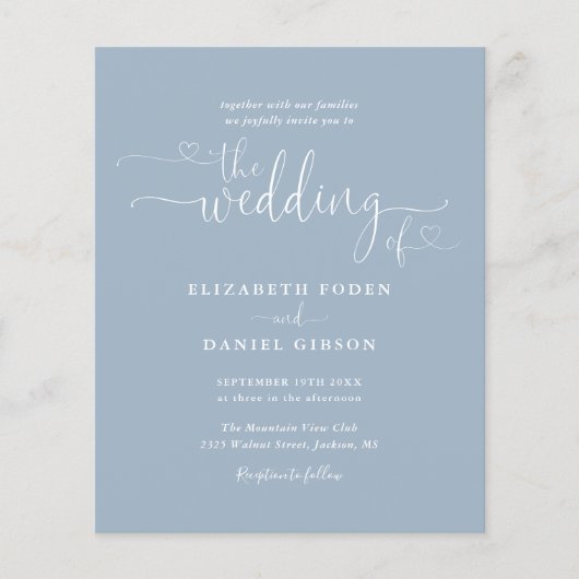 Budget Dusty Blue Hearts Script Weddenschap Uitnod (Voorkant)