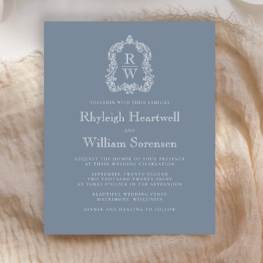 Budget Dusty Blue Monogram Crest Wedding Uitnodigi