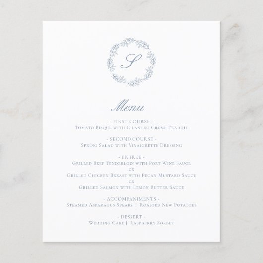 Budget Dusty Blue Monogram Krans Bruiloft Menu (Voorkant)