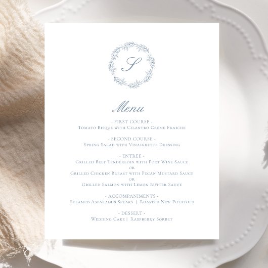 Budget Dusty Blue Monogram Krans Bruiloft Menu