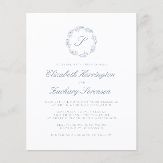 Budget Dusty Blue Monogram Wreatscript Wedding (Voorkant)