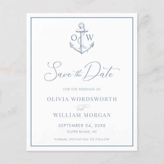 Budget Dusty Blue Nautical Anker Save the Date (Voorkant)