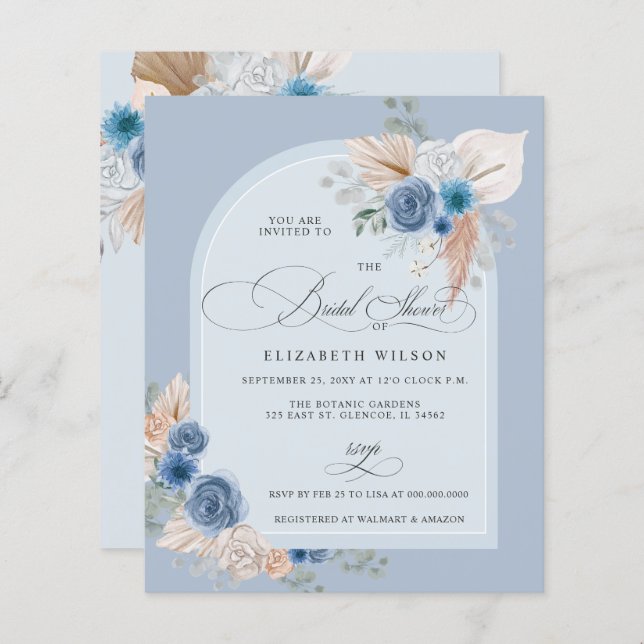 Budget Dusty Blue Pampas Bridal Shower Uitnodiging (Voorkant / Achterkant)