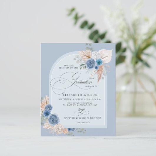 Budget Dusty Blue Pampas Foto Afstuderen Invite (Staand voorkant)