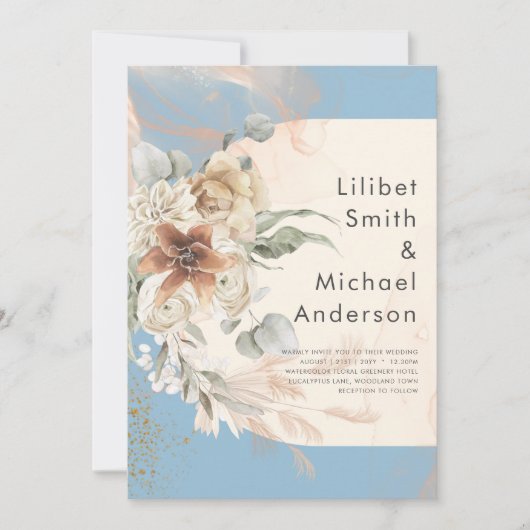 BUDGET Dusty Blue Pampas Grass Wedding Kaart (Voorkant)