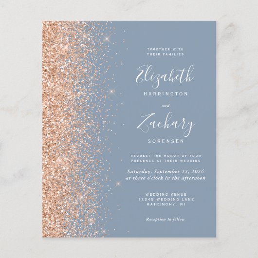 Budget Dusty Blue Peach Glitter Wedding Invite (Voorkant)