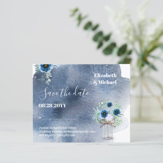 BUDGET Dusty Blue Save Dates Monochromatic Wedding (Staand voorkant)