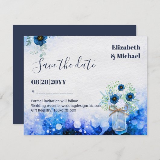 BUDGET Dusty Blue Save Dates Monochromatic Wedding (Voorkant / Achterkant)