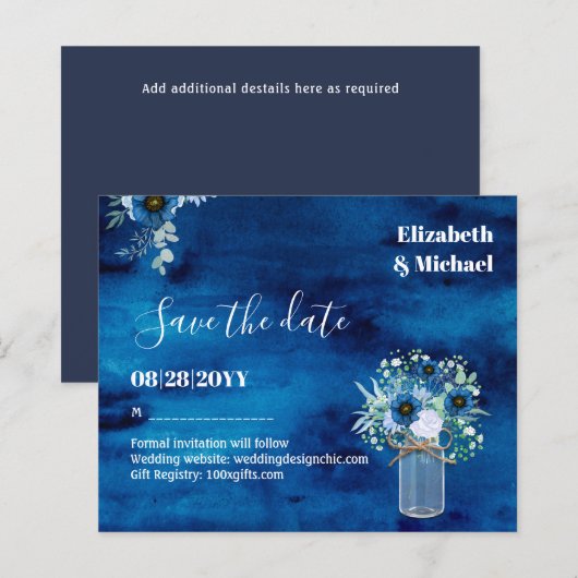 BUDGET Dusty Blue Save Dates Monochromatic Wedding (Voorkant / Achterkant)