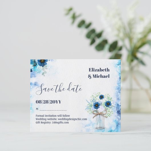 BUDGET Dusty Blue Save Dates Rustic Wedding (Staand voorkant)