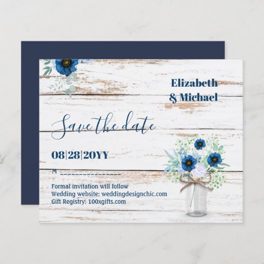 BUDGET Dusty Blue Save Dates Rustic Wedding (Voorkant / Achterkant)