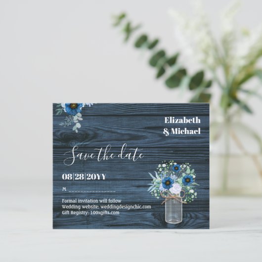BUDGET Dusty Blue Save Dates Rustic Wedding (Staand voorkant)