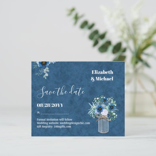 BUDGET Dusty Blue Save Dates Rustic Wedding (Staand voorkant)