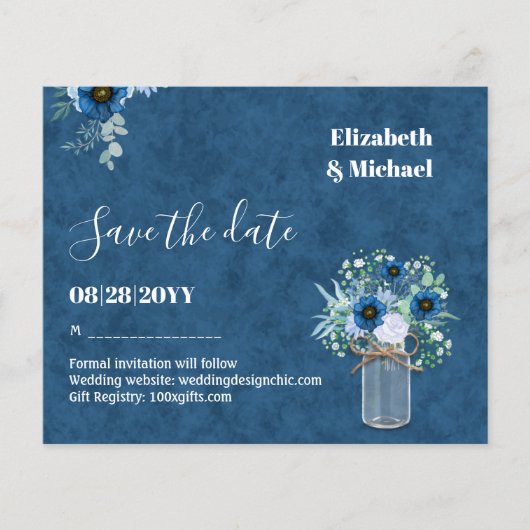 BUDGET Dusty Blue Save Dates Rustic Wedding (Voorkant)