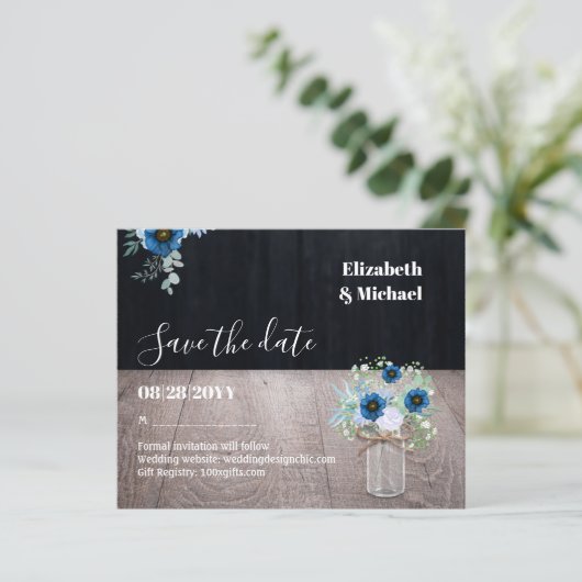 BUDGET Dusty Blue Save Dates Rustic Wedding (Staand voorkant)