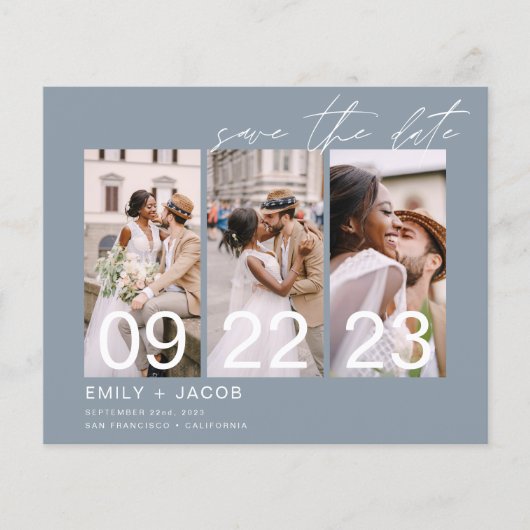 Budget Dusty Blue Save the Date 3 Foto Flyer (Voorkant)