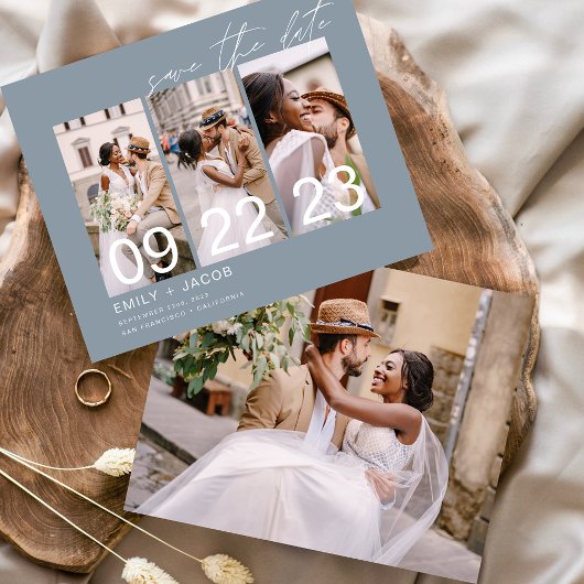 Budget Dusty Blue Save the Date 3 Foto Flyer